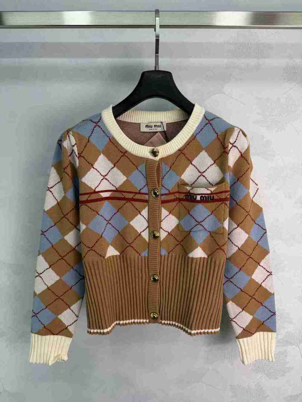 Miu Miu Argyle Cropped Knit Cardigan